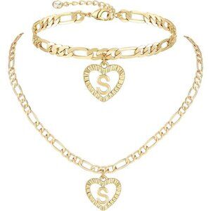 Gold Initial Pendant Necklace Anklet Bracelet for Women 14K Gold Plated Figaro